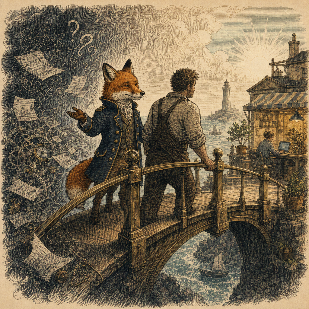 A clever fox helping a business owner cross a bridge from confusion to practical AI