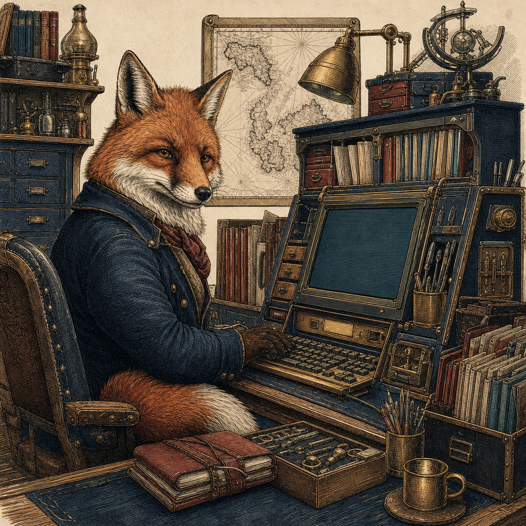 A clever fox working at a custom business computer