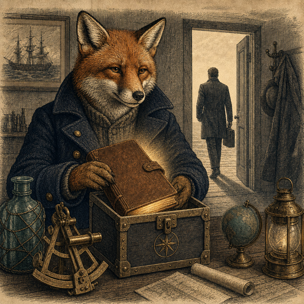 A clever fox preserving business knowledge while a person leaves