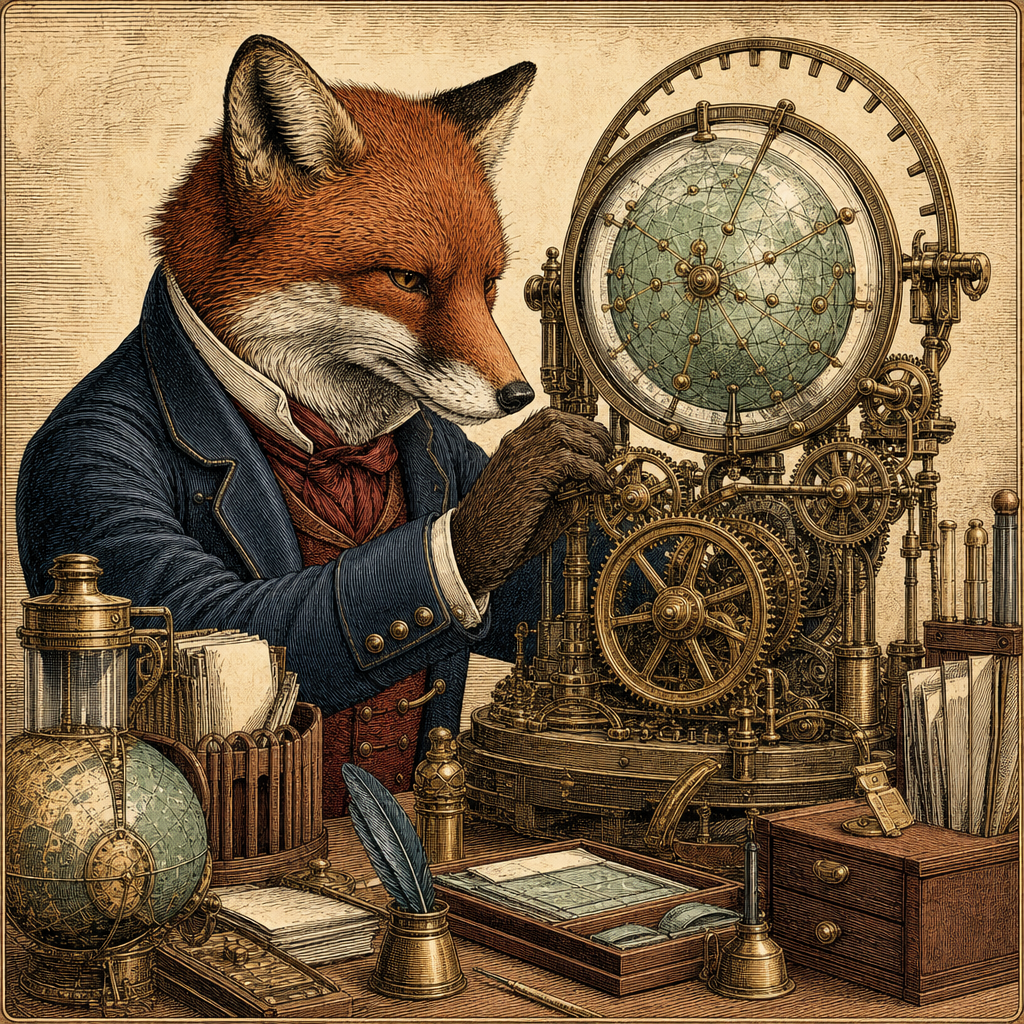 A clever fox tending a clockwork intelligence machine