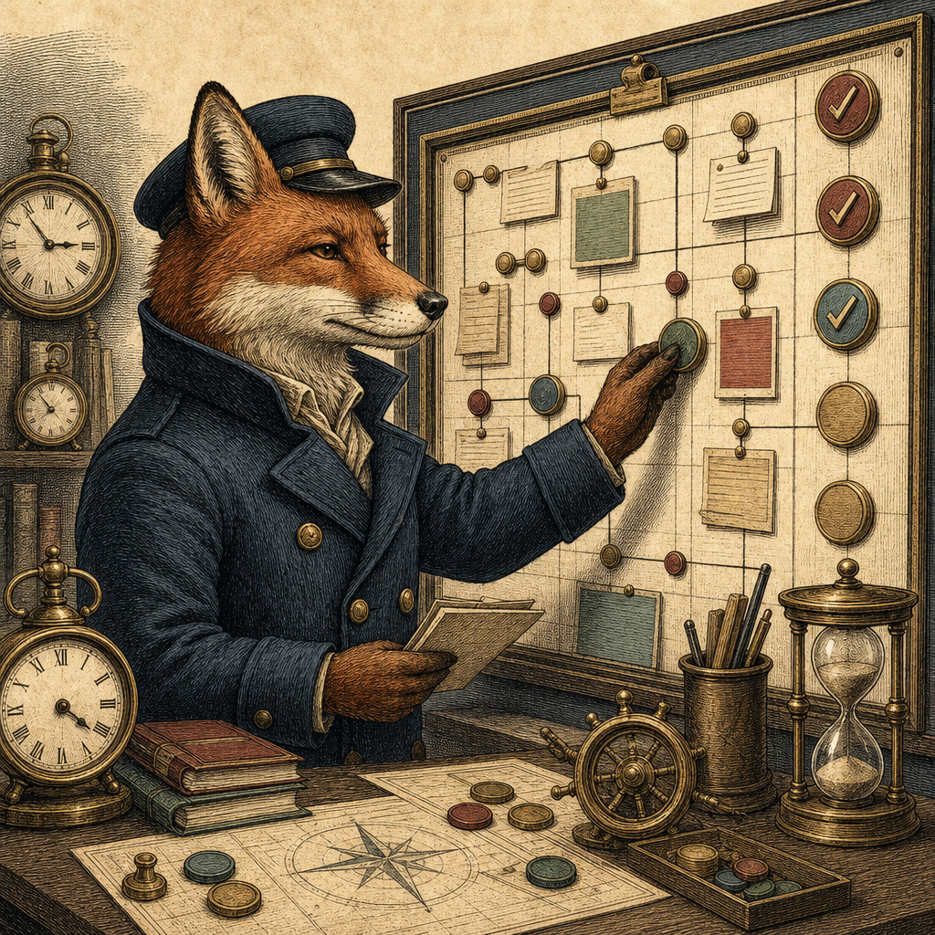A clever fox organizing a business project board and next steps